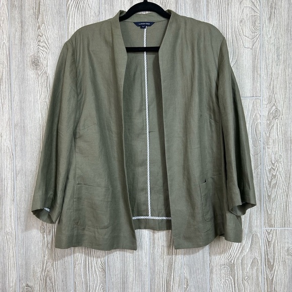 Lands End Linen Olive Green Open Front Boxy Blazer Jacket 20W - Picture 3 of 13